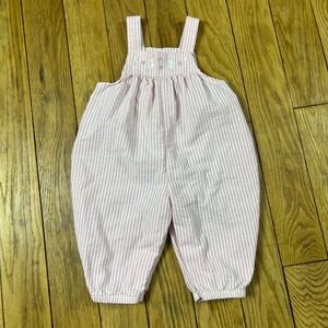 Vintage Baby Girl Pink White Stripe Seersucker Bunny Overalls Jumper 6/9 Months